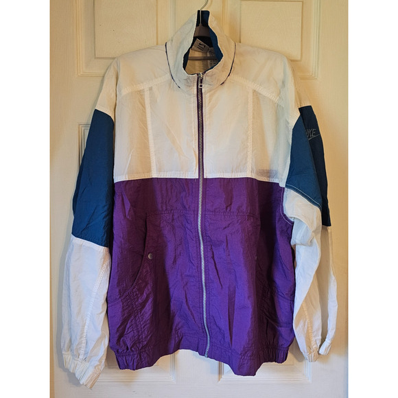 Vintage 90s Nike Colorblock Windbreaker Jacket Purple Teal White Y2K Size L - Picture 1 of 12